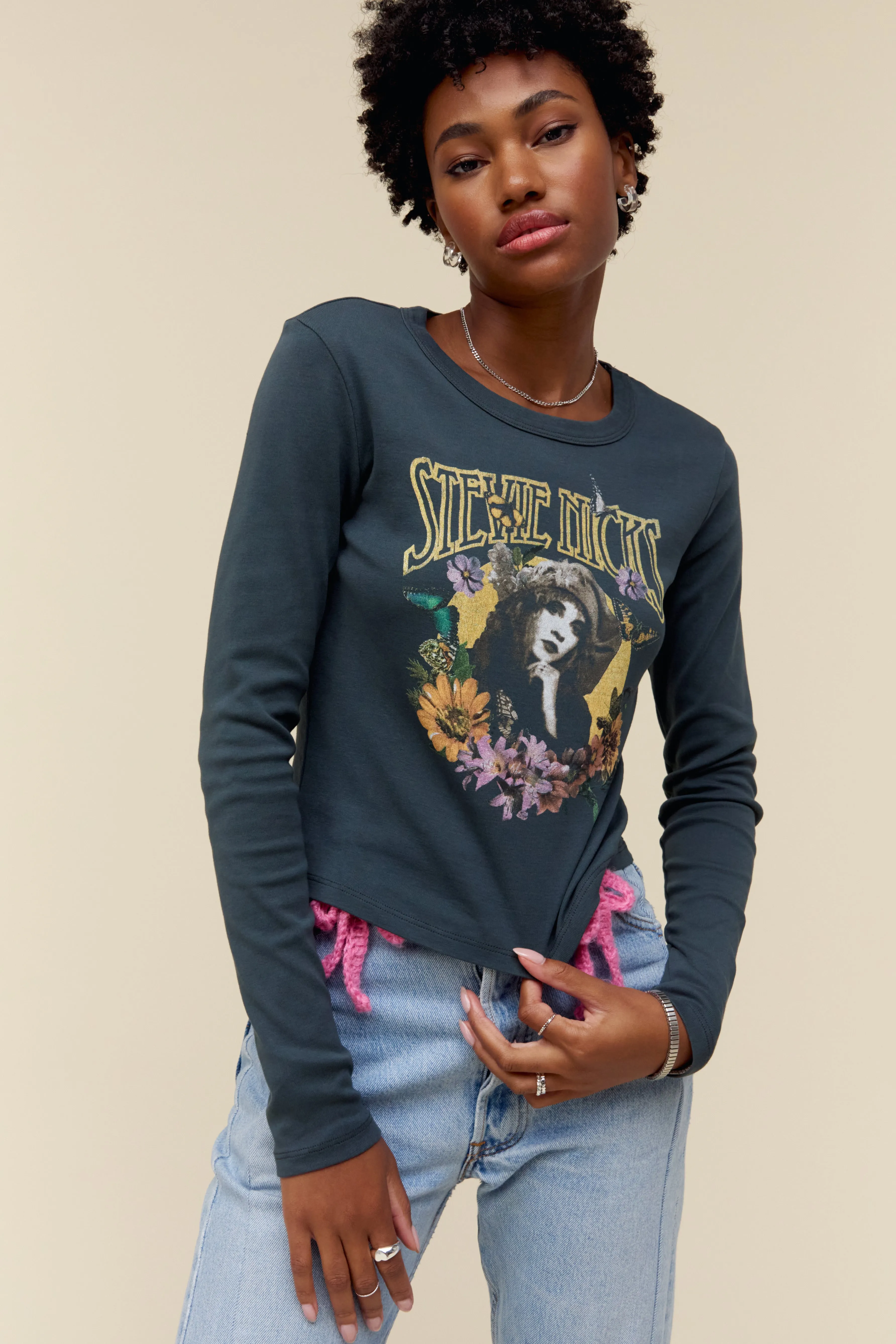 Stevie Nicks Flower Collage Ringer Shrunken LS sold by Daydreamer