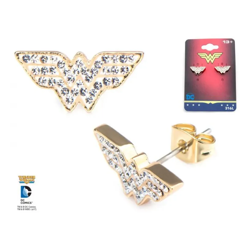 WONDER WOMAN Logo with Clear Gems and Steel Post Stud Earrings sold by DC Comics