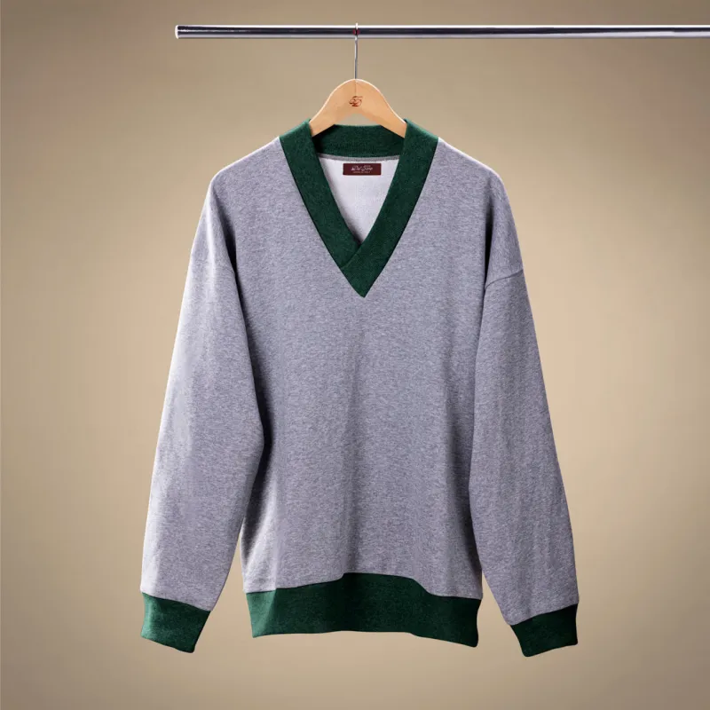 Vintage V-Neck Sweatshirt - Heather Grey / Forest Trim made by Del Toro