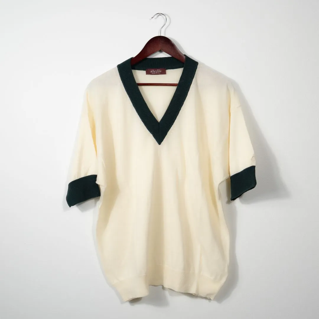 Women's Vintage Short Sleeve V-Neck Sweater - Vintage White / Forest Green sold by Del Toro product image thumbnail 2