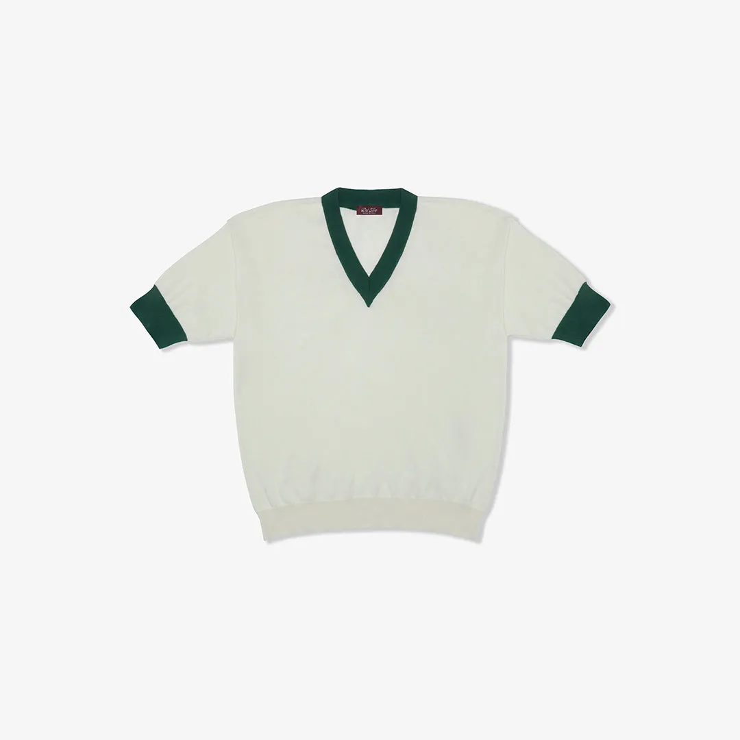 Women's Vintage Short Sleeve V-Neck Sweater - Vintage White / Forest Green sold by Del Toro