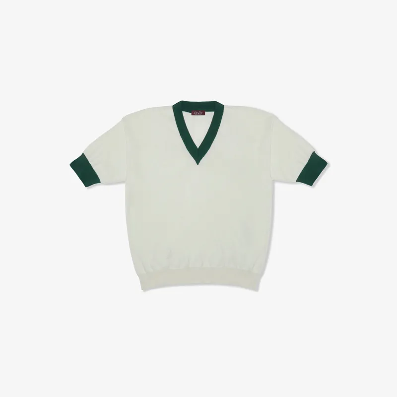 Men's Vintage Short Sleeve V-Neck Sweater - Vintage White / Forest Green made by Del Toro