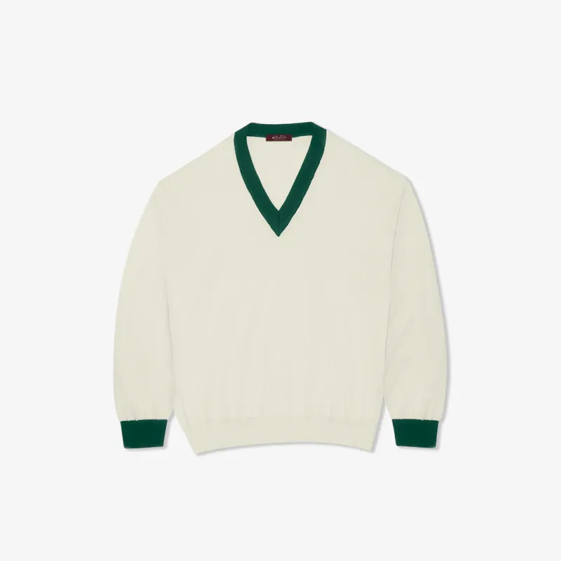Women's Vintage V-Neck Sweater - Vintage White / Forest Green made by Del Toro