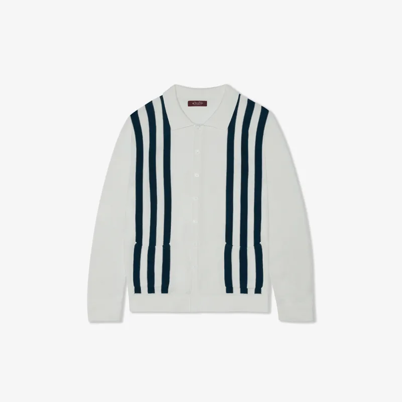 Women's Vintage Stripe Polo Cardigan - Vintage White / Oceana Stripe made by Del Toro