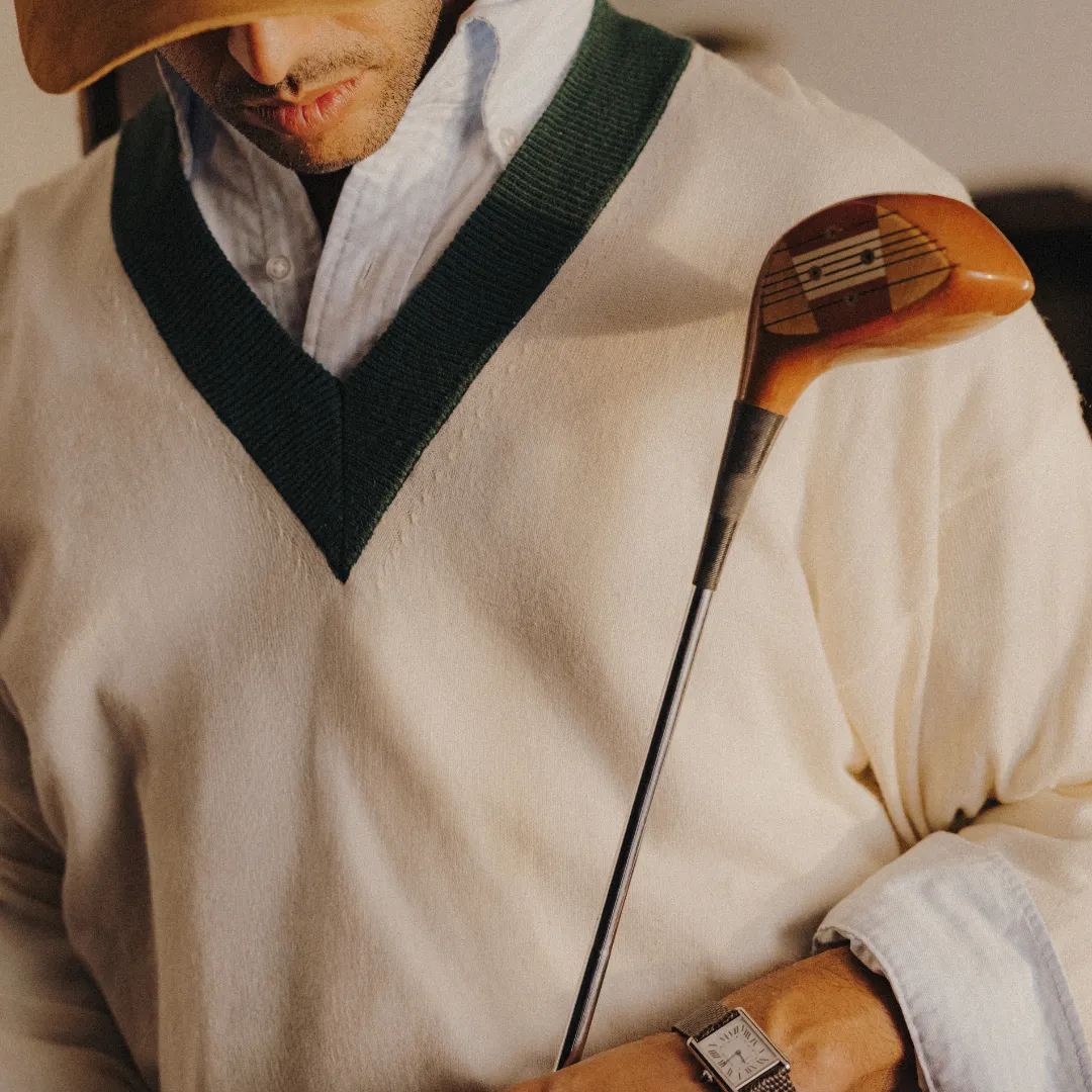 Men's Vintage V-Neck Sweater - Vintage White / Forest Green sold by Del Toro product image thumbnail 4