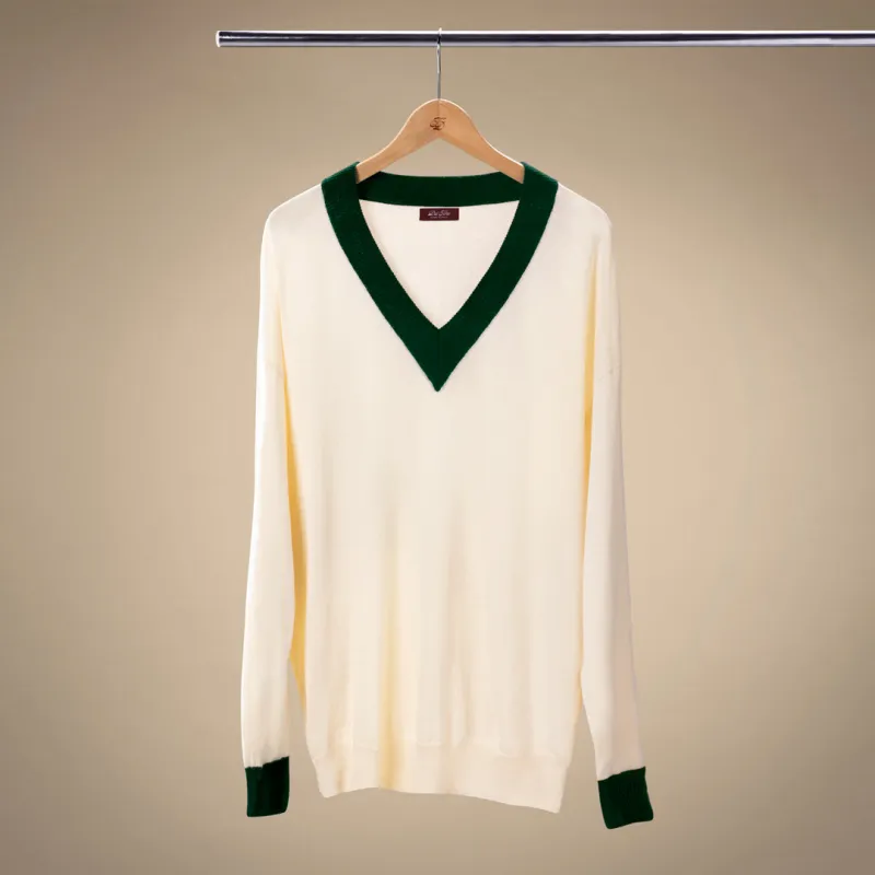 Men's Vintage V-Neck Sweater - Vintage White / Forest Green made by Del Toro