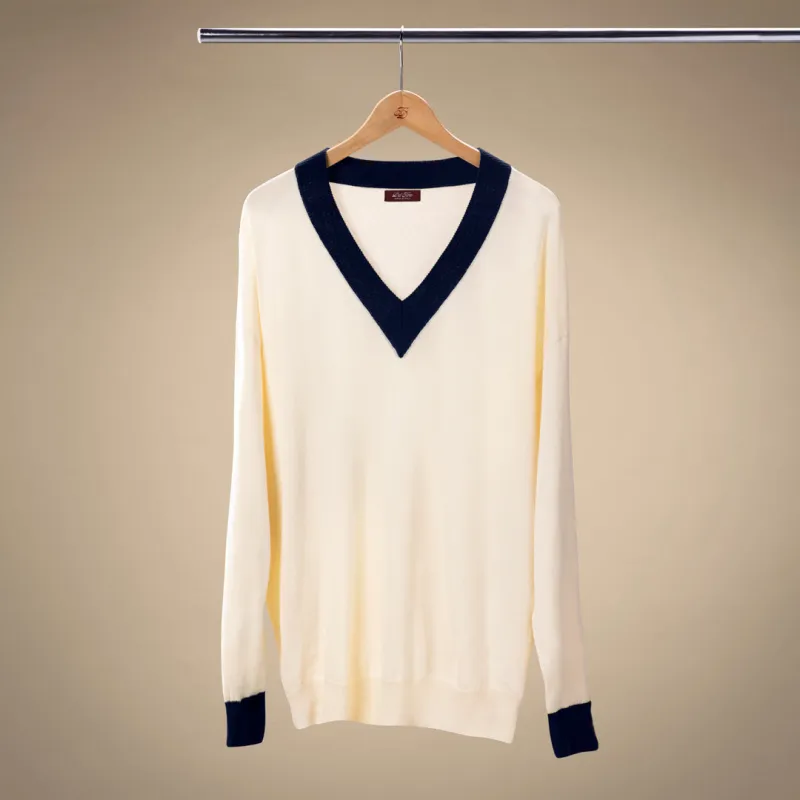 Men's Vintage V-Neck Sweater - Vintage White / Navy made by Del Toro