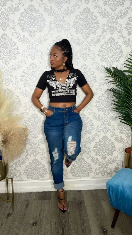 BLACK DEEP V CUT CROPPED VINTAGE TOP sold by 24/7 Denim