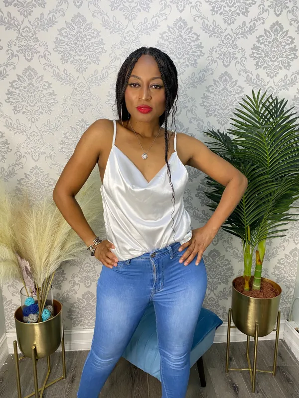 THE WHITE SILKY PLUNGE TOP sold by 24/7 Denim