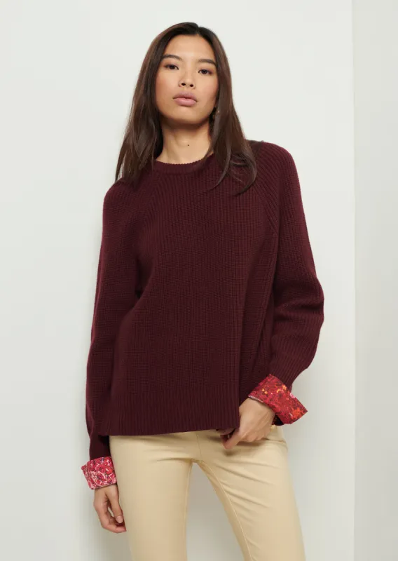 Marcia Long Sleeve Combo Crewneck Sweater - Burgundy-Pink Multi made by Derek Lam