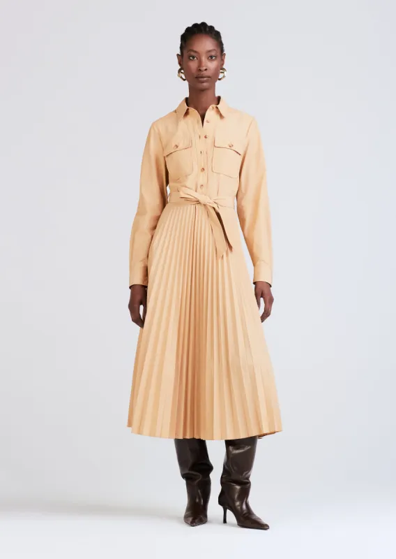 Kenza Long Sleeve Pleated Shirt Dress - Limestone sold by Derek Lam