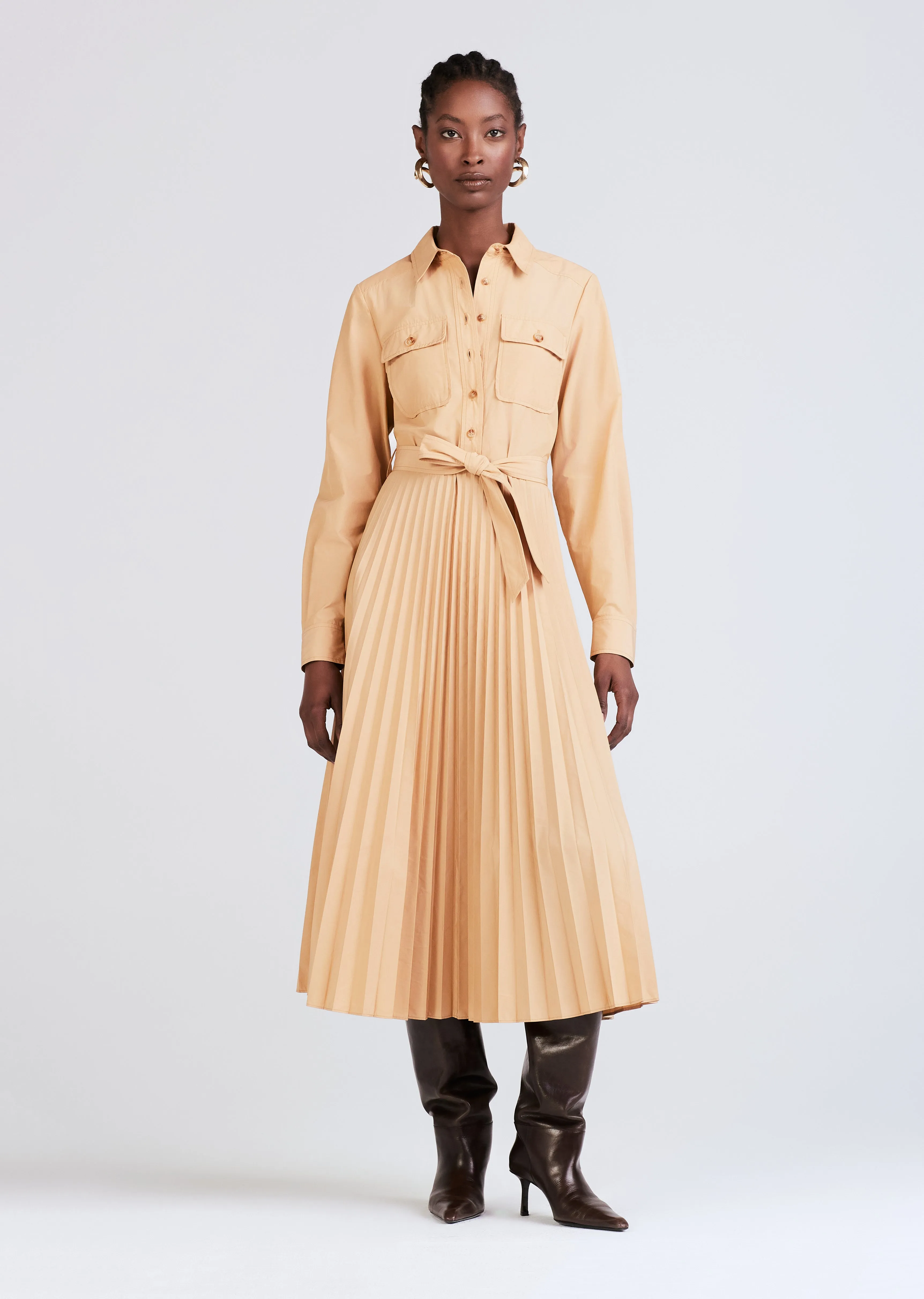 Kenza Long Sleeve Pleated Shirt Dress - Limestone sold by Derek Lam