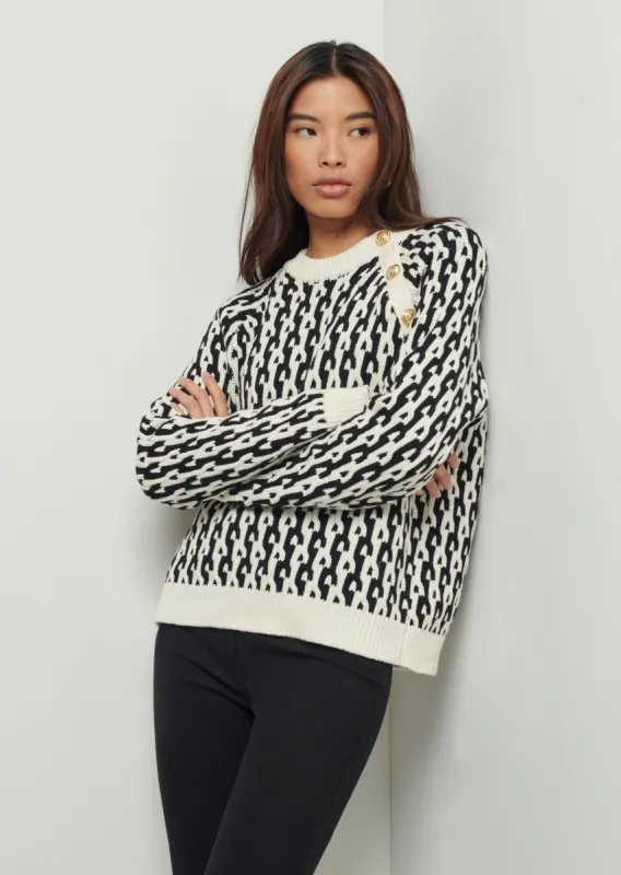 Sawyer Long Sleeve Button Crewneck Sweater - Black-Ivory made by Derek Lam