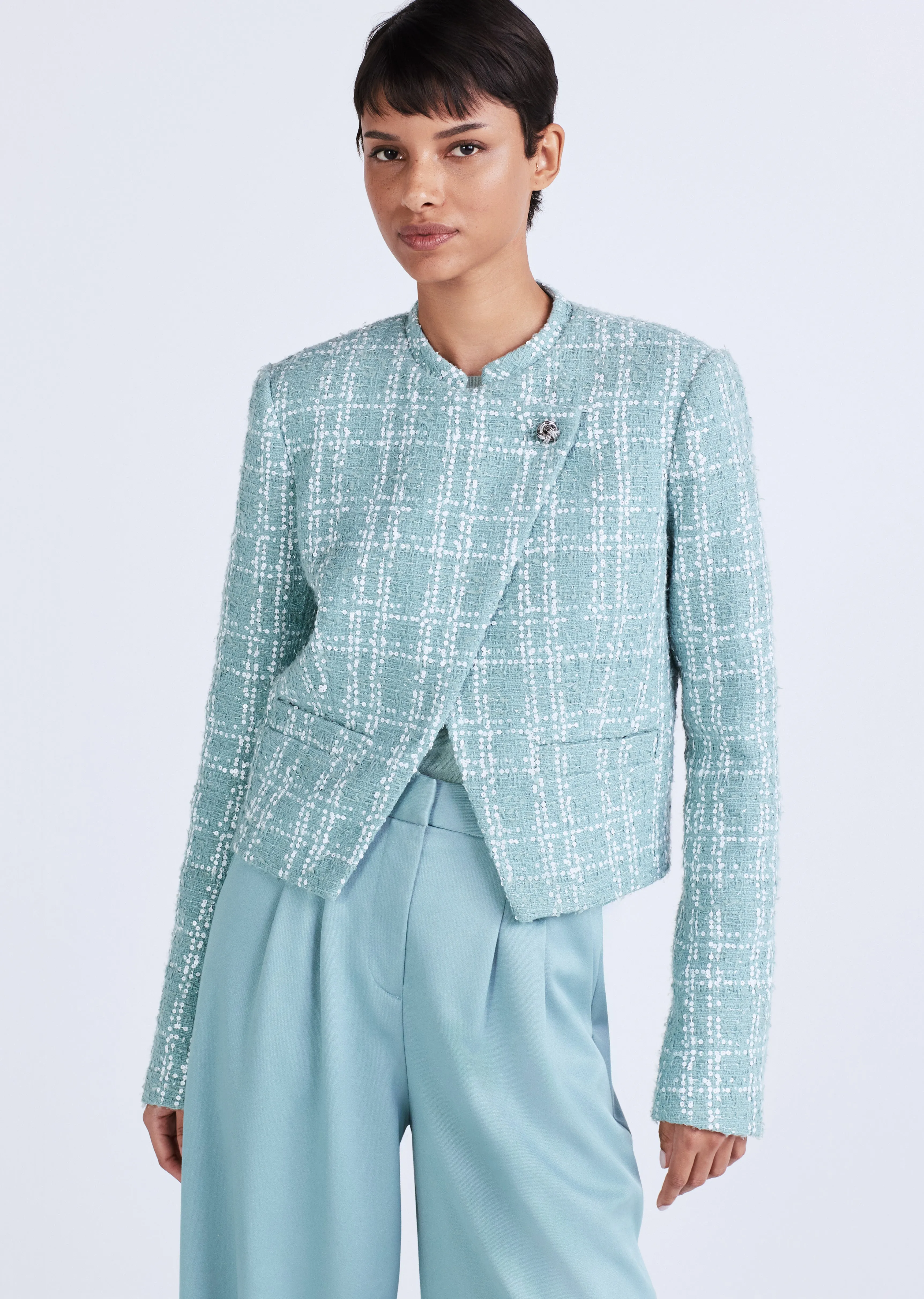Delilah Sequin Jacket - Dusty Teal-White Sequin sold by Derek Lam
