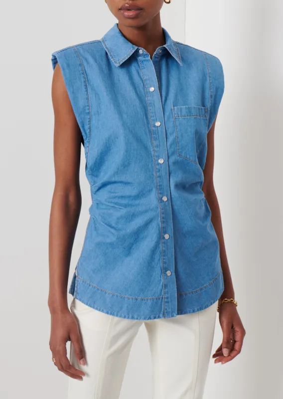 Ivy Sleeveless Ruched Button Down Shirt - Light Wash sold by Derek Lam