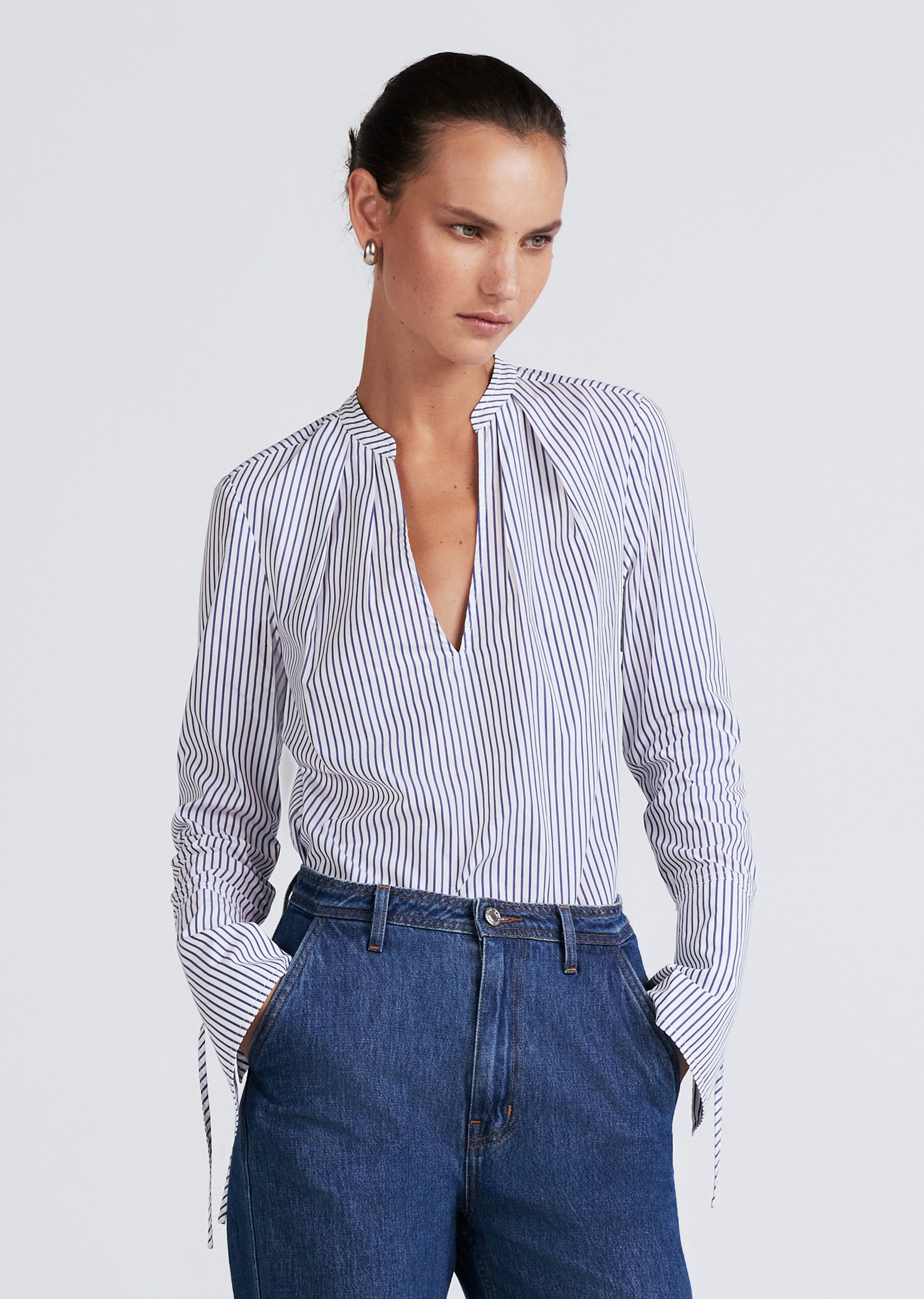 Lila Long Sleeve V-Neck Top - White-Navy sold by Derek Lam