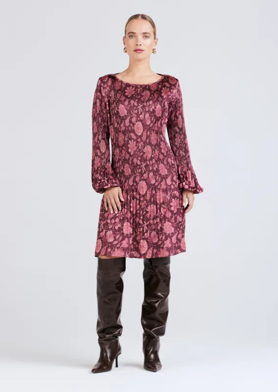Katerina Pleated Long Sleeve Mini Dress - Burgundy Multi sold by Derek Lam