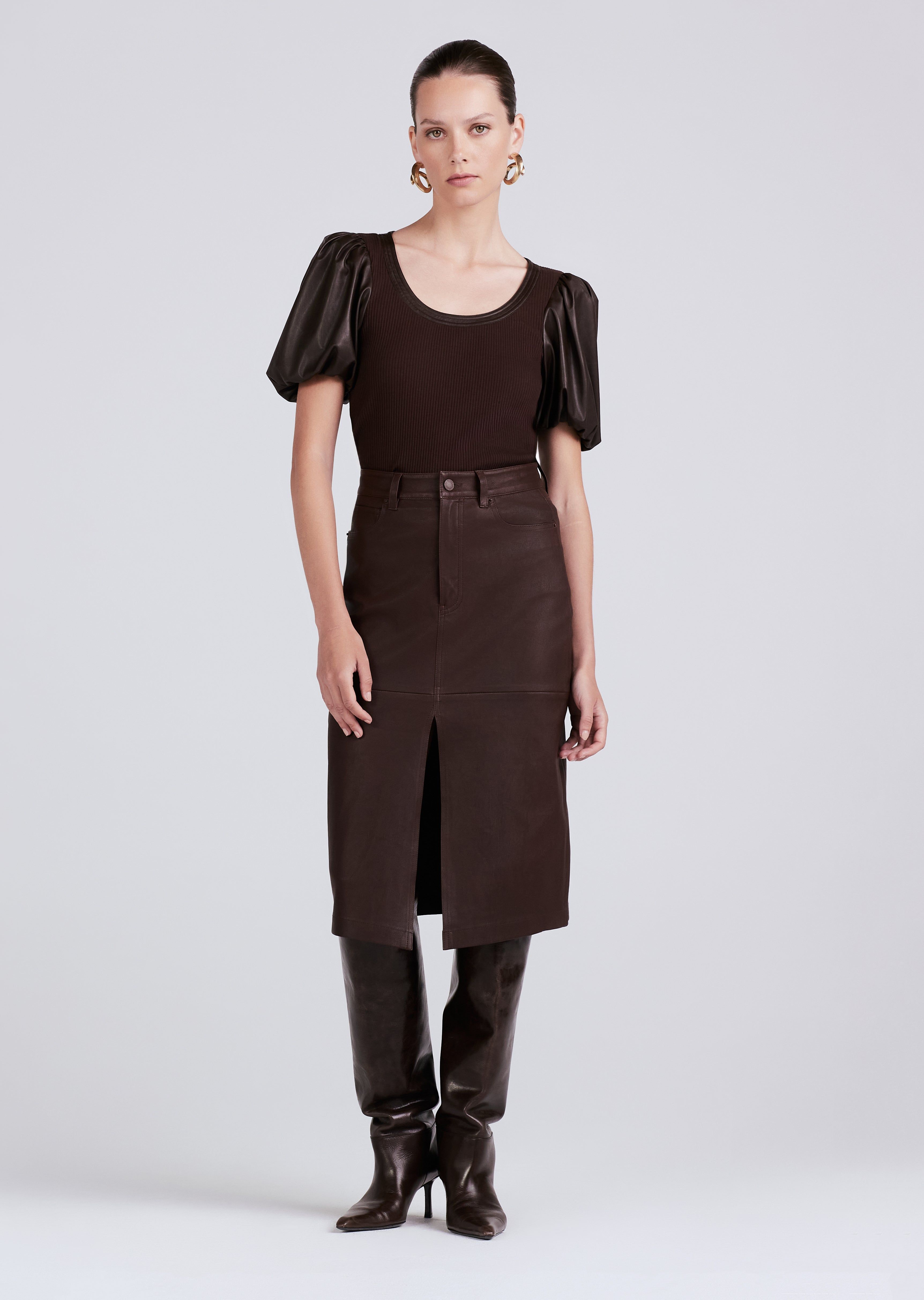 Willa Contrast Balloon Sleeve Top - Chocolate sold by Derek Lam