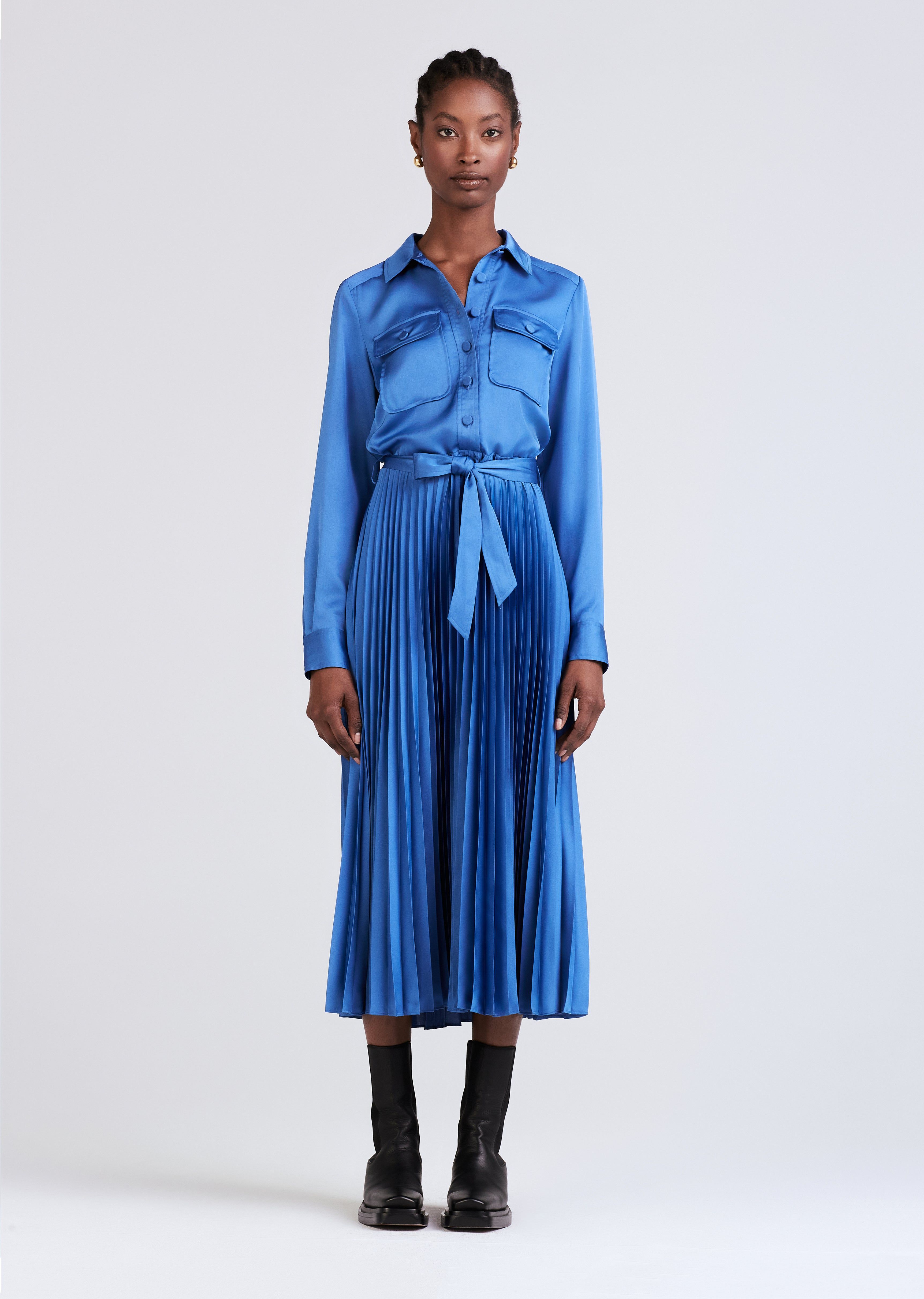 Kenza Pleated Midi Shirt Dress - Slate sold by Derek Lam