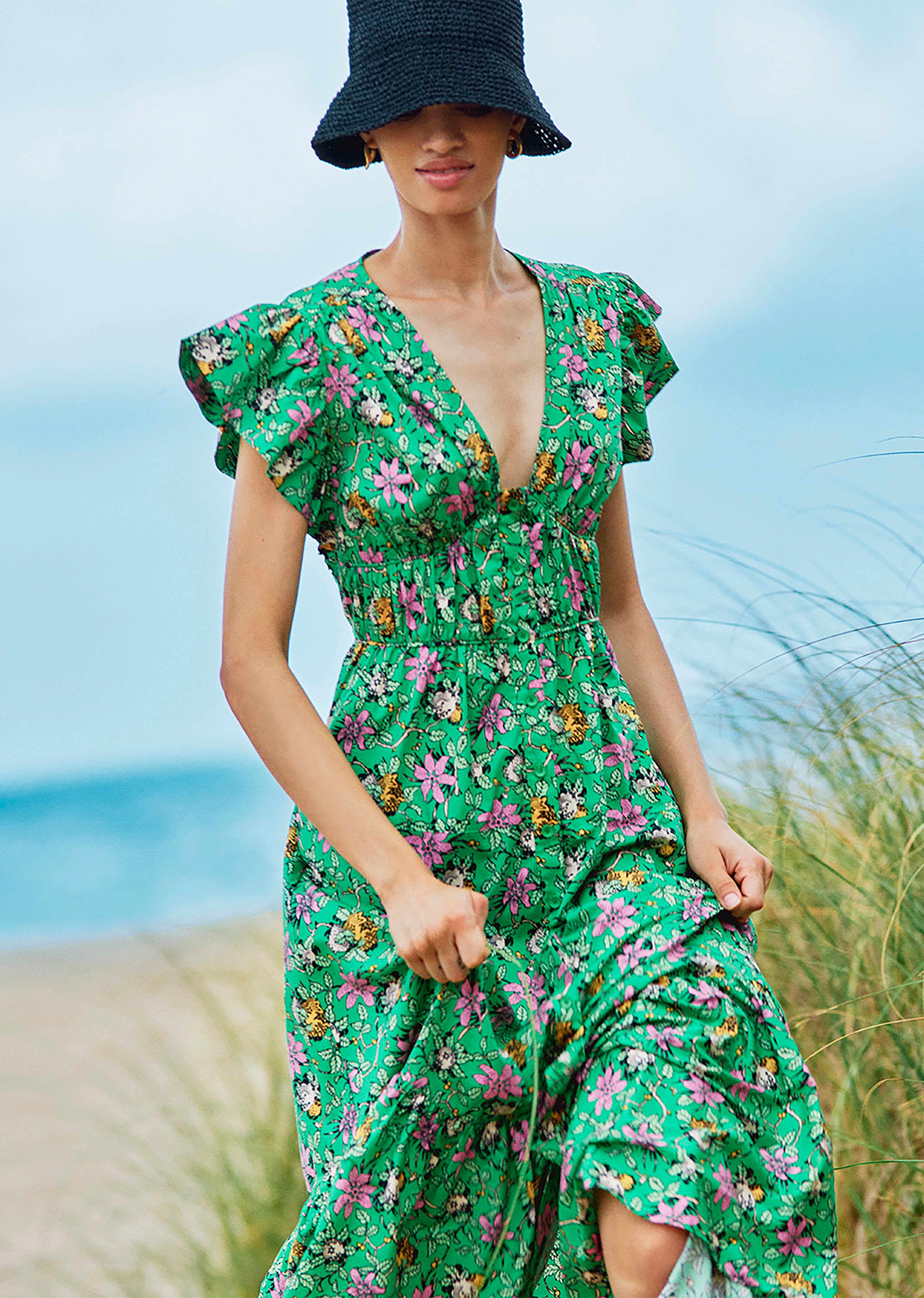 Greta Ruffle Sleeve Dress - Green Multi sold by Derek Lam