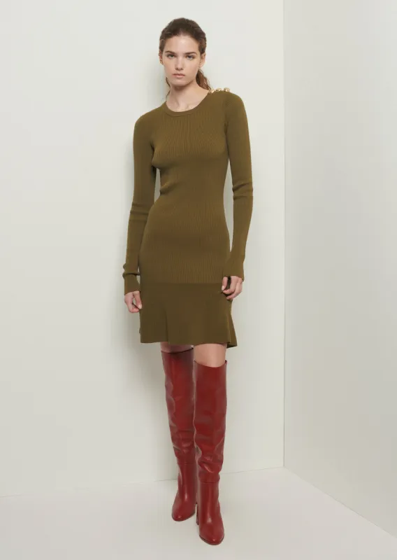 Vanessa Long Sleeve Flounce Hem Dress - Olive sold by Derek Lam