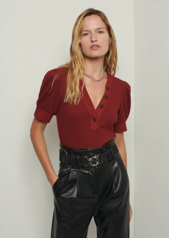 Heather V-Neck Puff Sleeve T-Shirt - Merlot sold by Derek Lam