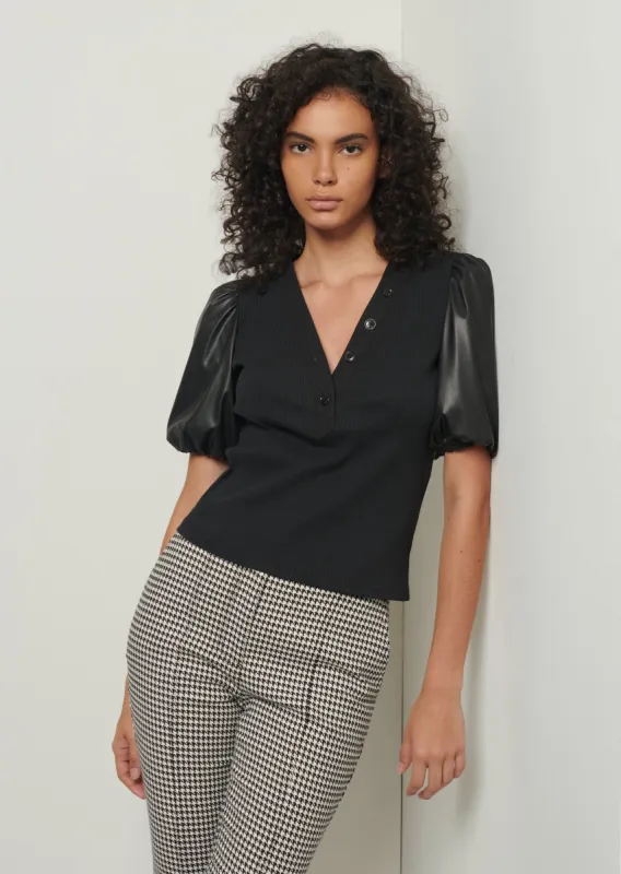 Amber V-Neck Mixed Media T-Shirt - Black sold by Derek Lam