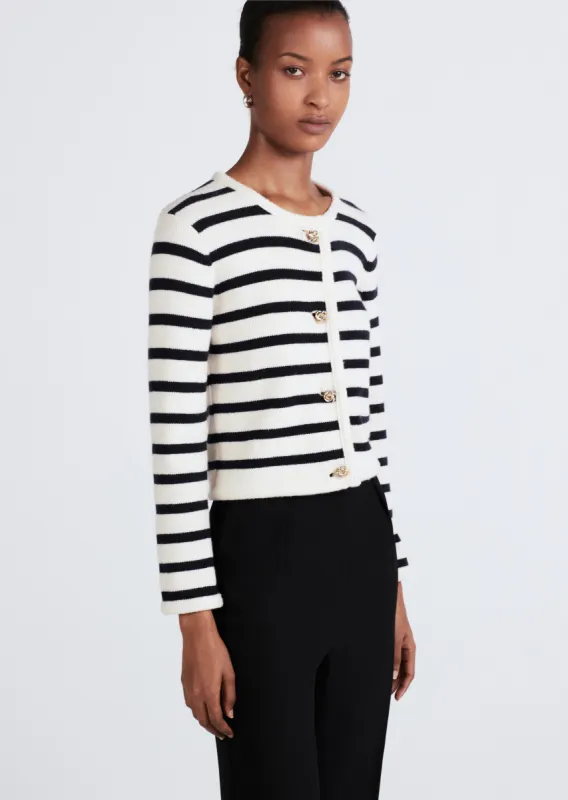 Keene Stripe Crewneck Cardigan - Ivory-Navy sold by Derek Lam