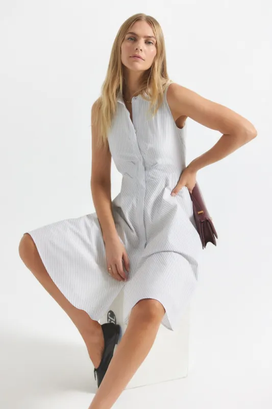 Reena Sleeveless Shirt Dress - White-Navy sold by Derek Lam
