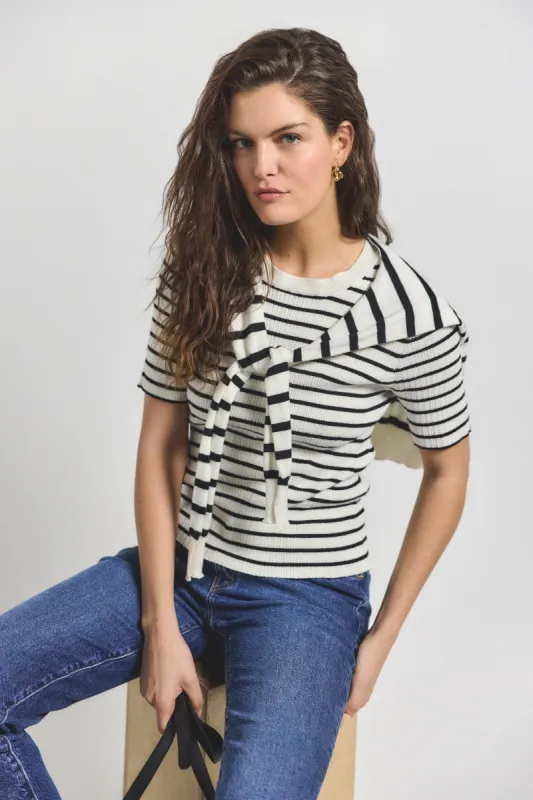 Twain Short Sleeve Pre Styled Sweater - Black-White sold by Derek Lam