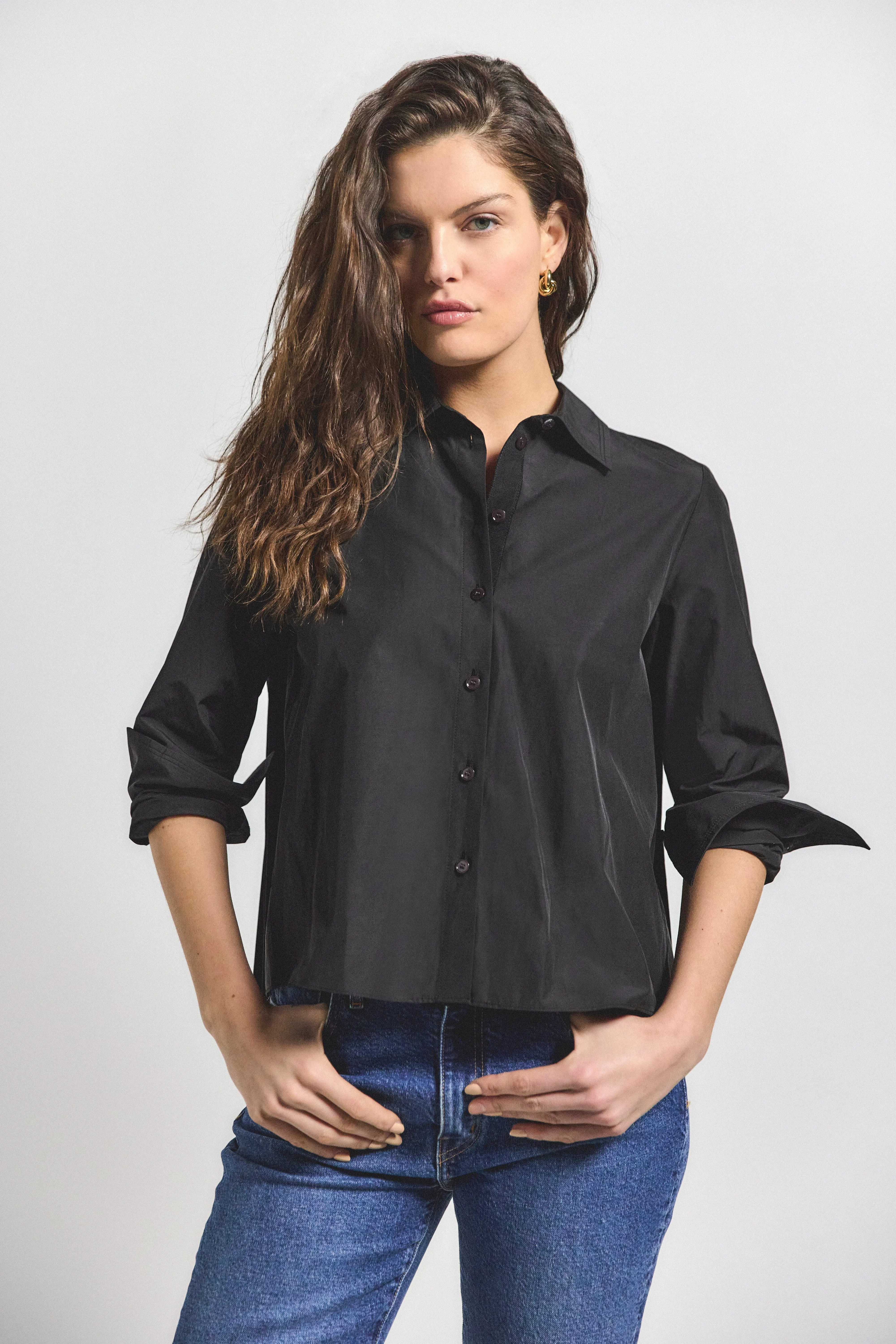 Aria Pleated Back Cropped Shirt - Black sold by Derek Lam