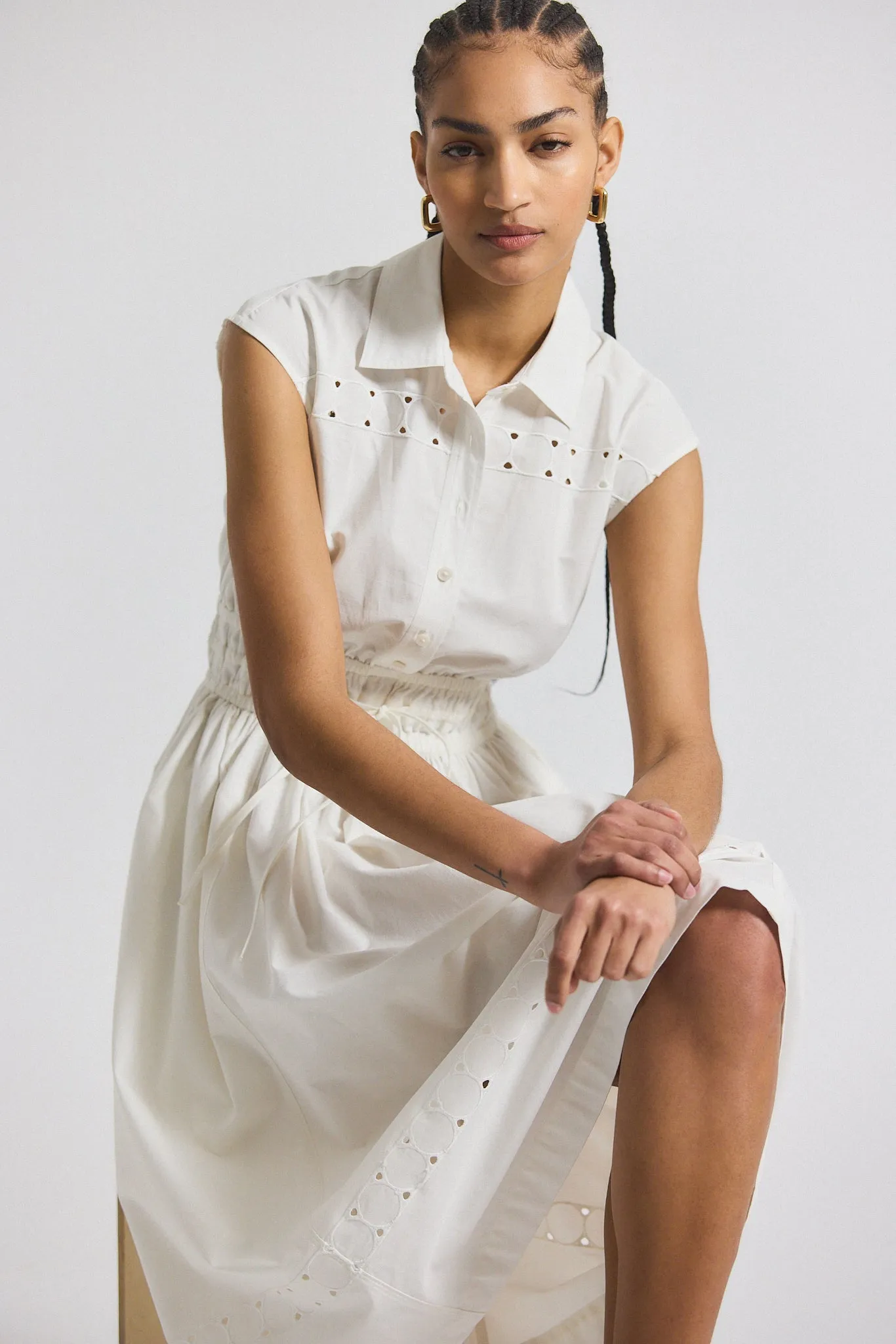 Nikita Poplin Embroidered Eyelet Cinch Waist Shirtdress - White sold by Derek Lam product image thumbnail 2