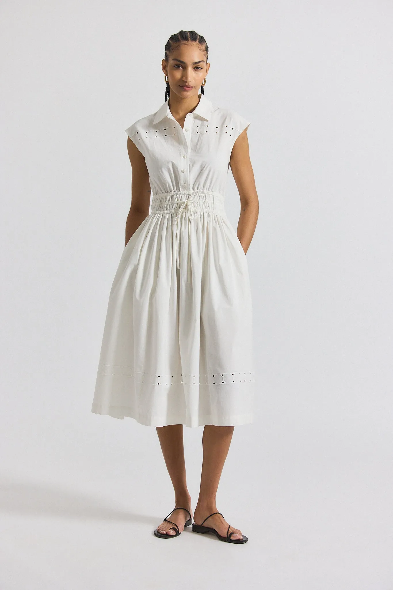Nikita Poplin Embroidered Eyelet Cinch Waist Shirtdress - White sold by Derek Lam