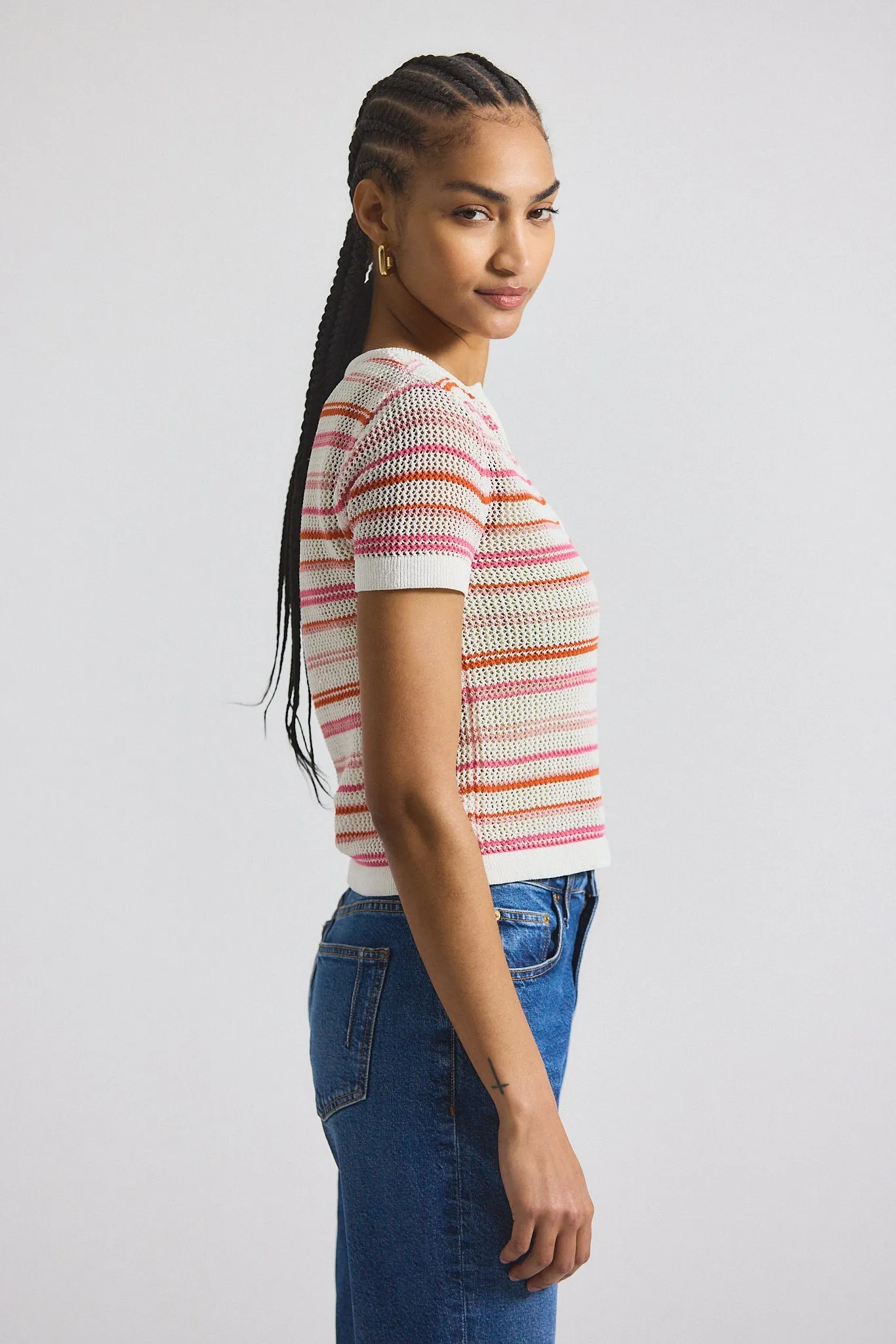 Andy Corded Mesh Split Neck Short Sleeve Sweater - Rose-White sold by Derek Lam product image thumbnail 3