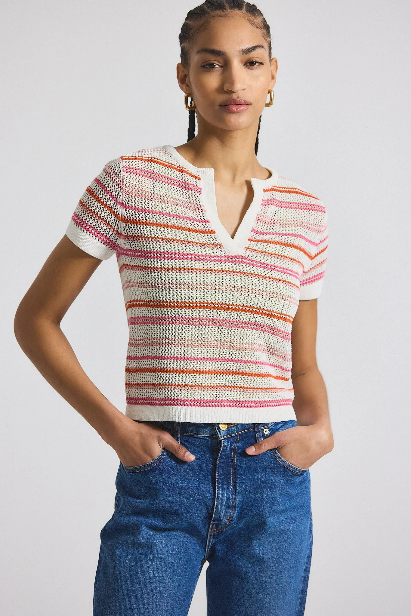 Andy Corded Mesh Split Neck Short Sleeve Sweater - Rose-White sold by Derek Lam