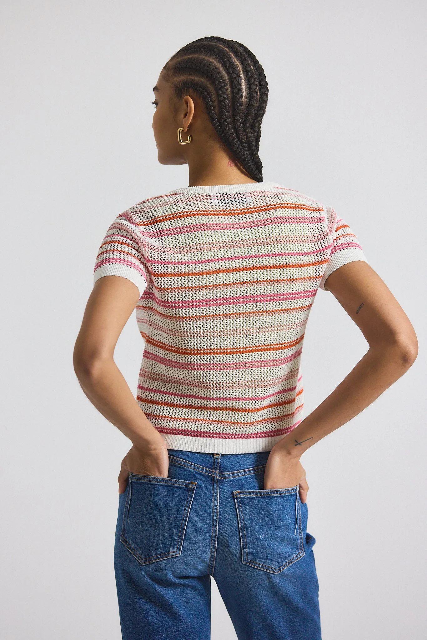 Andy Corded Mesh Split Neck Short Sleeve Sweater - Rose-White sold by Derek Lam product image thumbnail 5