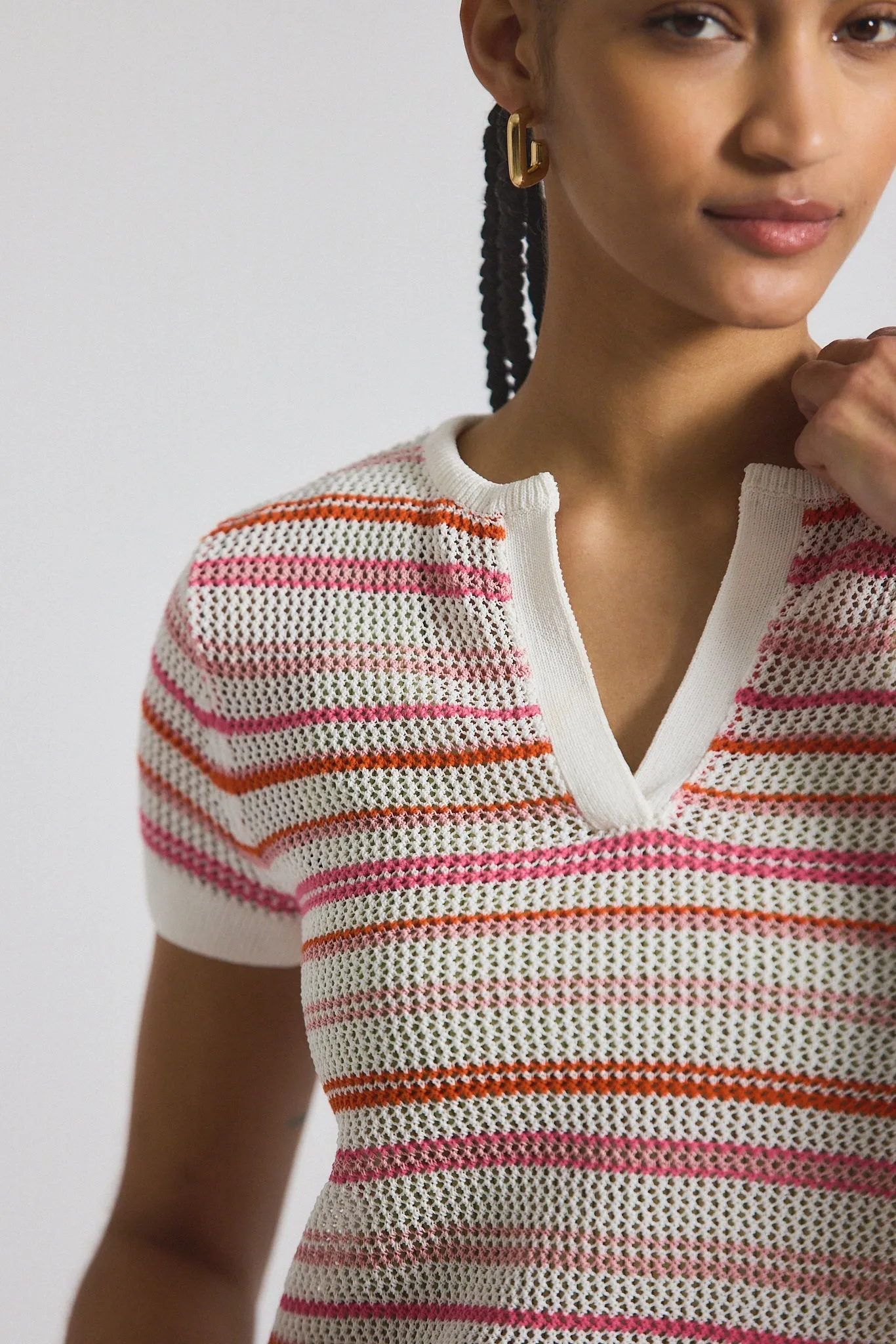 Andy Corded Mesh Split Neck Short Sleeve Sweater - Rose-White sold by Derek Lam product image thumbnail 4