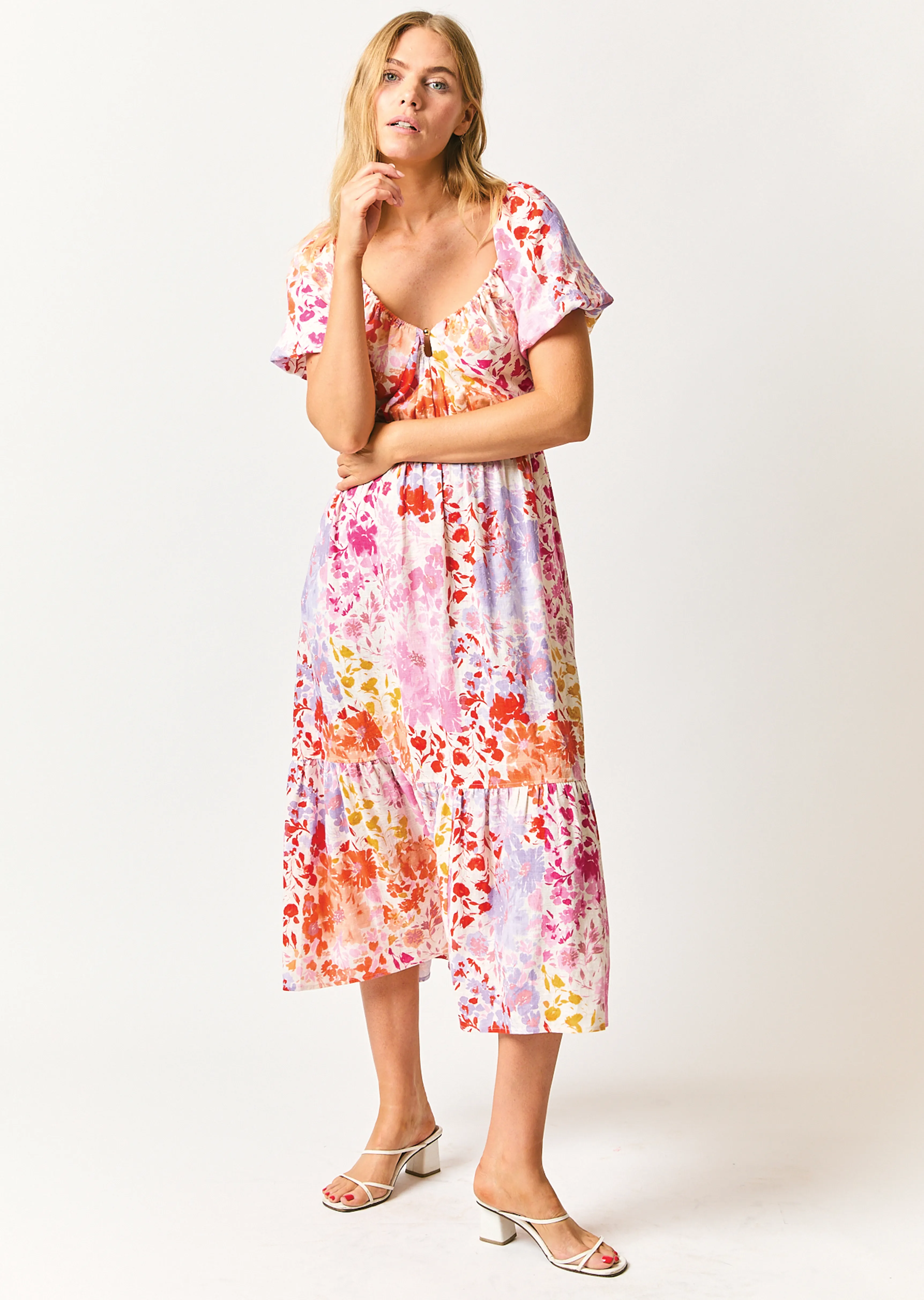 Laine Floral Printed Stretch Linen Puff Sleeve Maxi Dress - Rose Multi sold by Derek Lam
