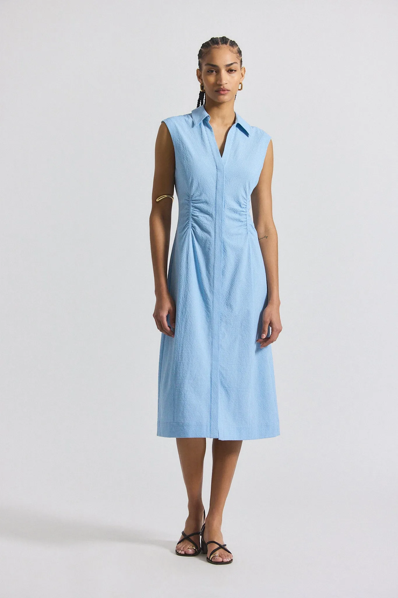 Nera Ruched Button Down Dress - Dusk Blue-White sold by Derek Lam