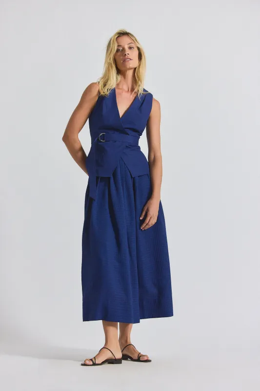 Annika Mixed Media Mini Grid Georgette Dress - Sailor Navy sold by Derek Lam