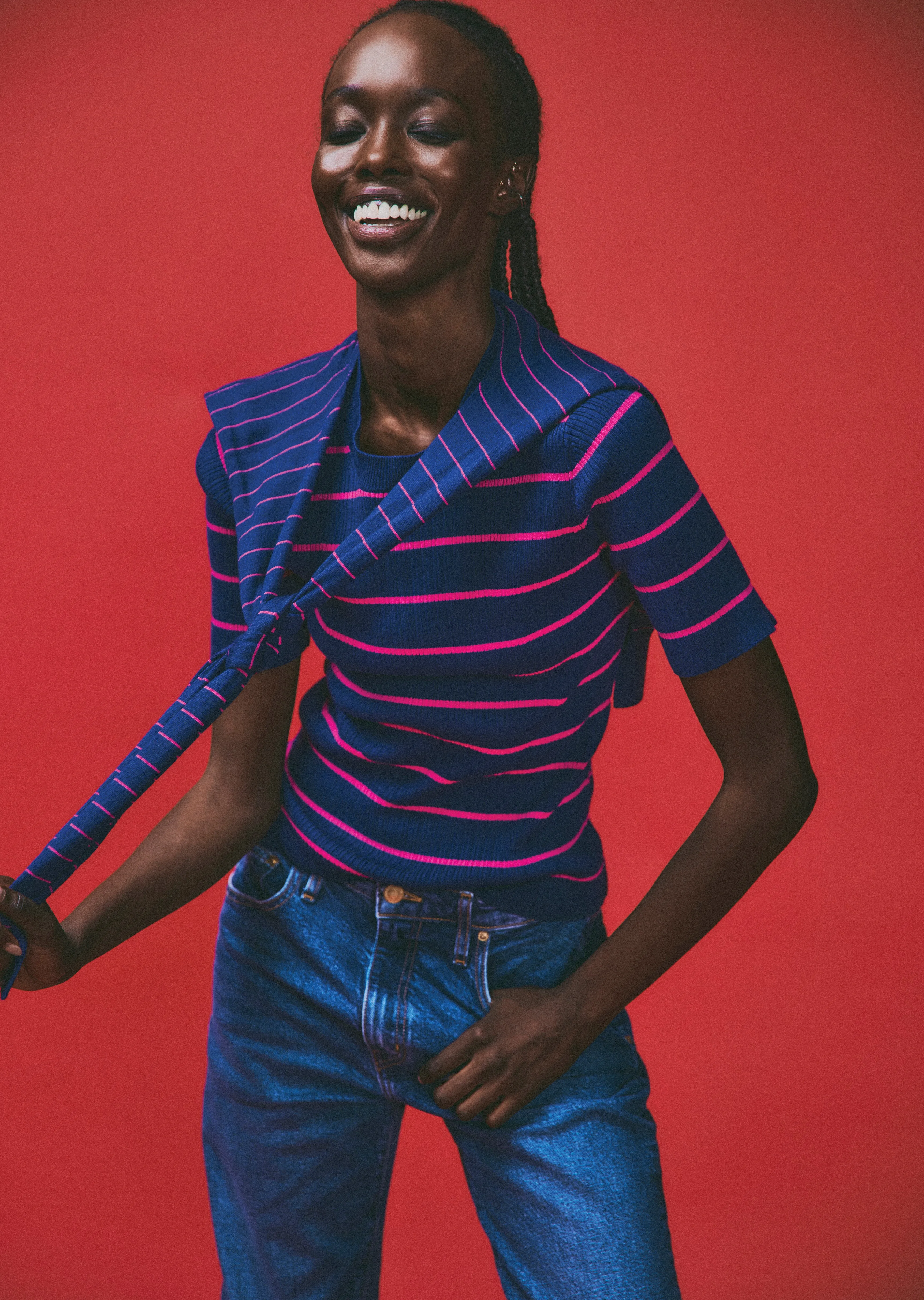 Twain Cotton Cashmere Short Sleeve Pre-Styled Sweater - Navy-Raspberry sold by Derek Lam product image thumbnail 2