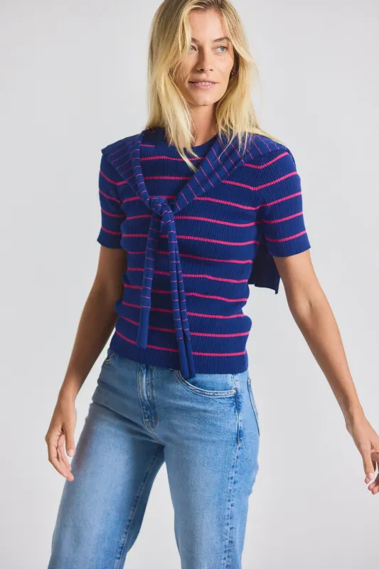 Twain Cotton Cashmere Short Sleeve Pre-Styled Sweater - Navy-Raspberry sold by Derek Lam