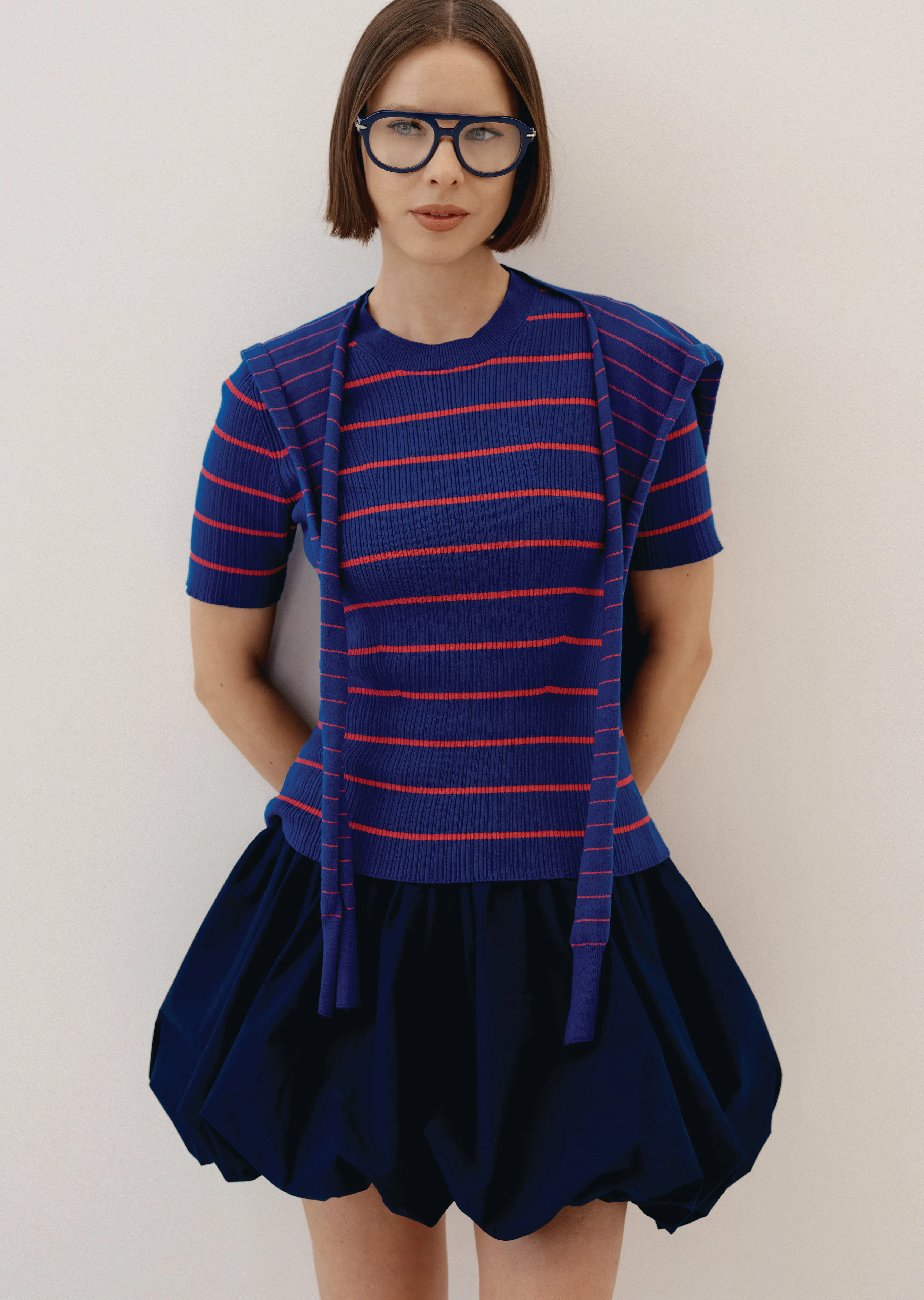 Twain Cotton Cashmere Short Sleeve Pre-Styled Sweater - Navy-Raspberry sold by Derek Lam product image thumbnail 4