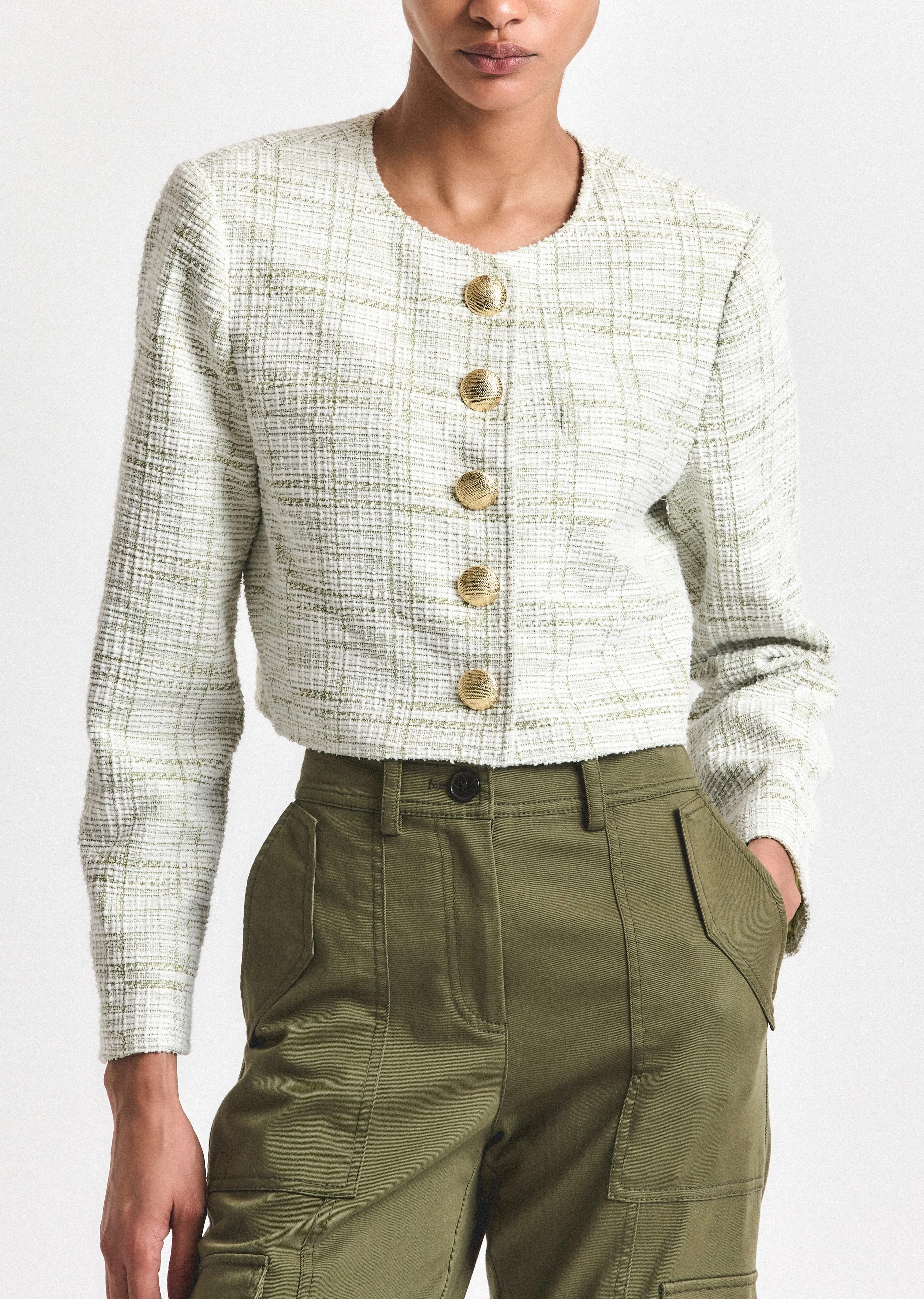 Juliette Tweed Jacket - Soft Sage-White sold by Derek Lam