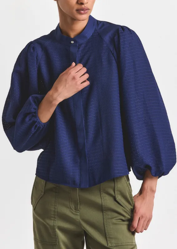 Dianne Mini Grid Georgette Volume Sleeve Blouse - Sailor Navy sold by Derek Lam