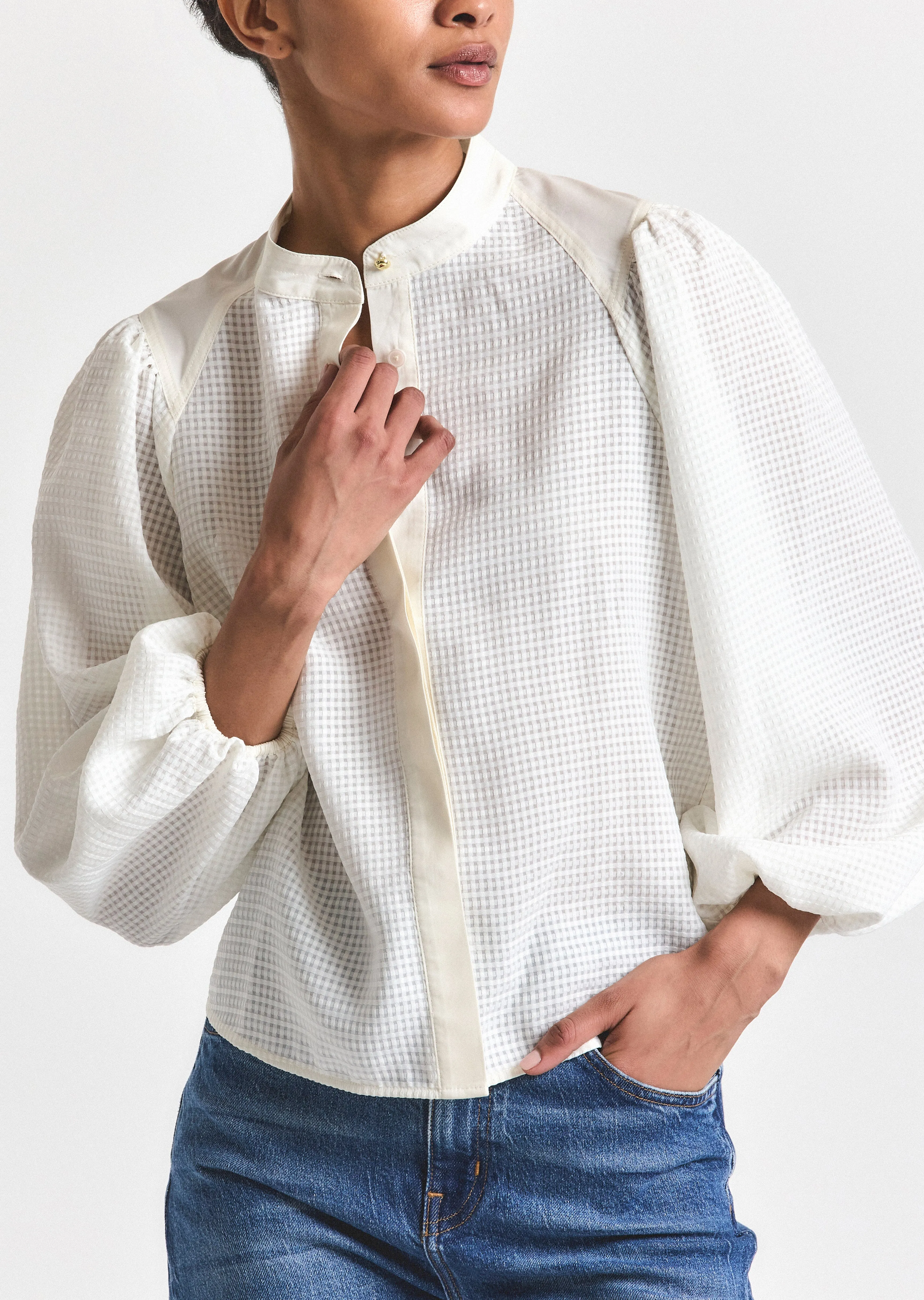 Dianne Mini Grid Georgette Volume Sleeve Blouse - Soft White sold by Derek Lam product image thumbnail 4