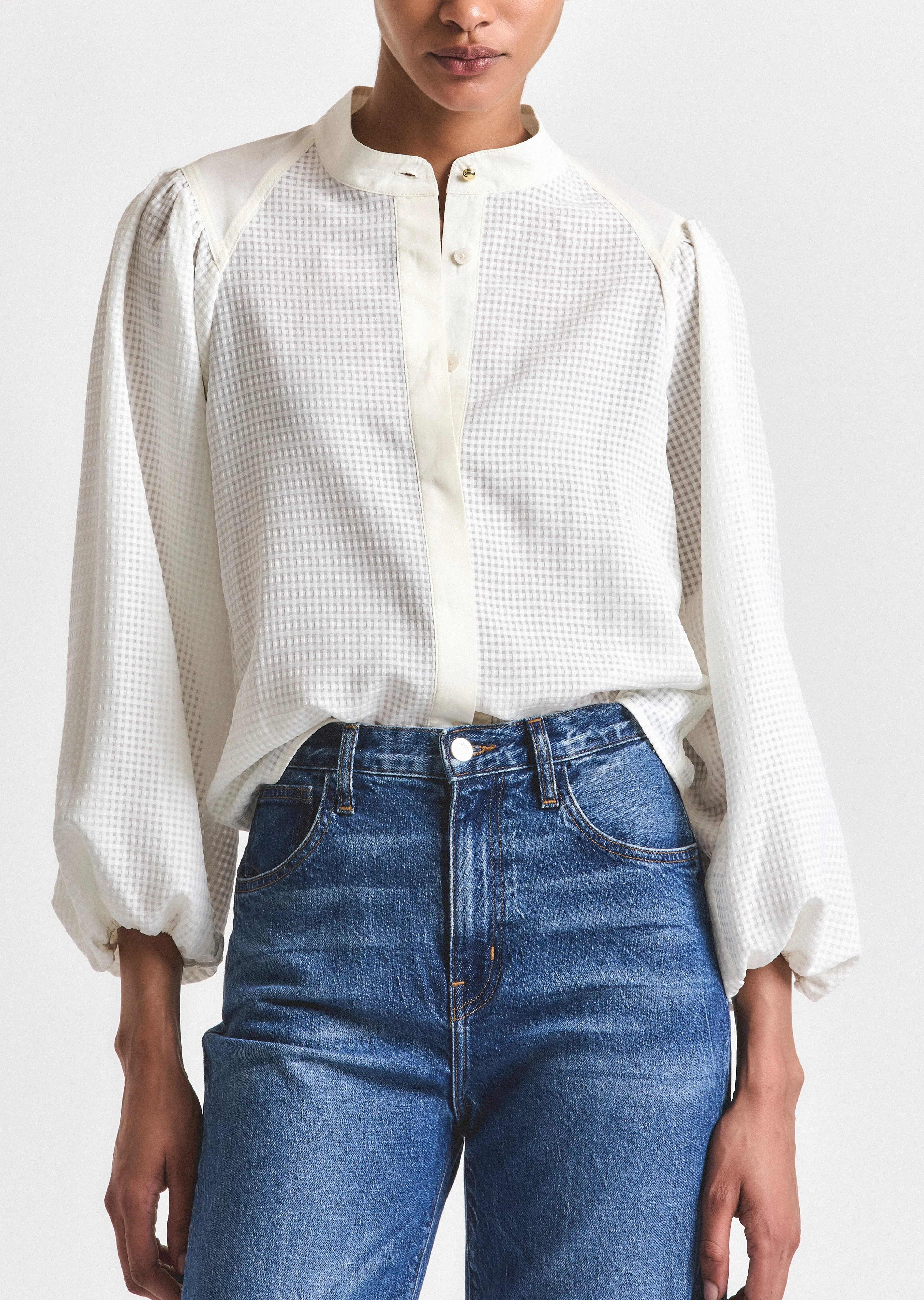Dianne Mini Grid Georgette Volume Sleeve Blouse - Soft White sold by Derek Lam