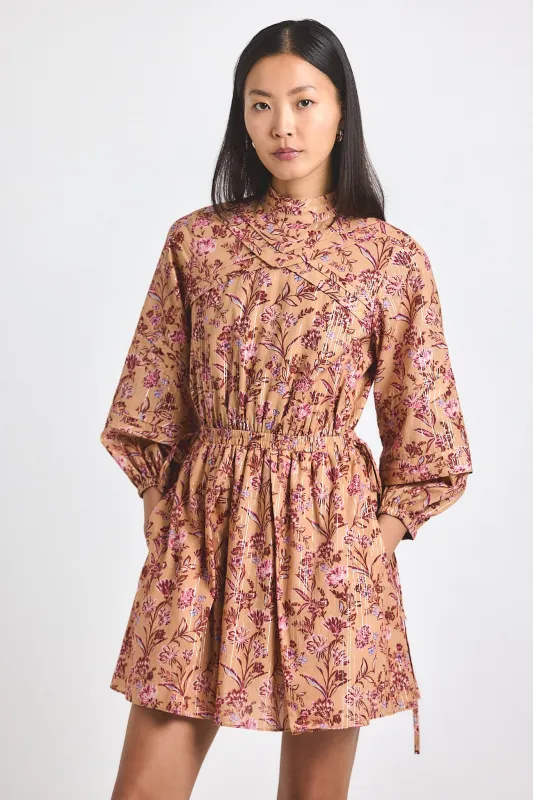 Marisol Lurex Stripe Printed Voile Mini Dress - Camel Multi sold by Derek Lam
