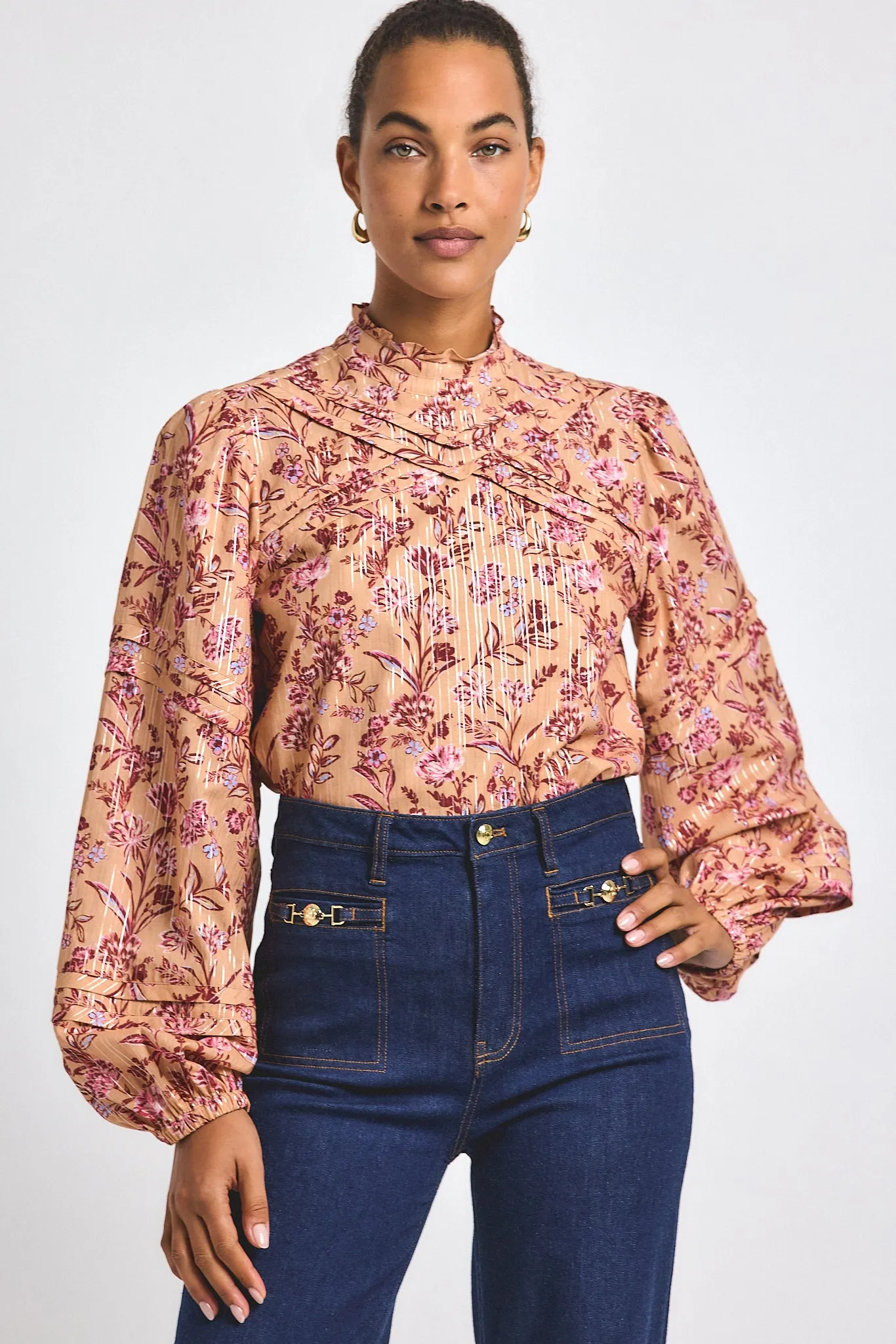 Marlowe Lurex Stripe Printed Voile Long Sleeve Blouse - Camel Multi sold by Derek Lam