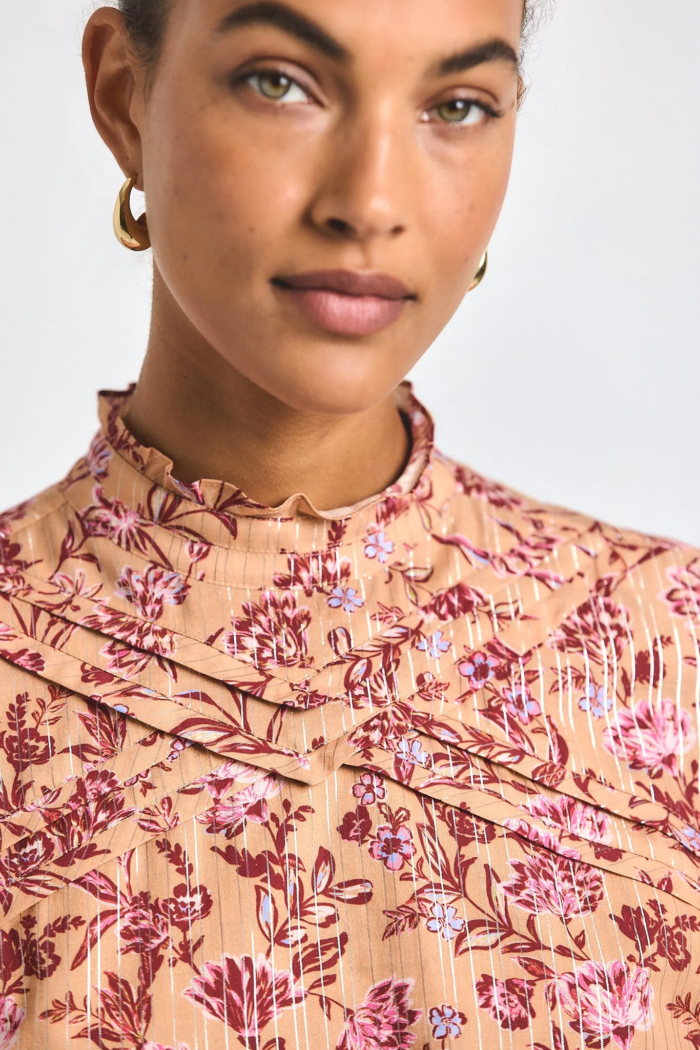 Marlowe Lurex Stripe Printed Voile Long Sleeve Blouse - Camel Multi sold by Derek Lam product image thumbnail 3